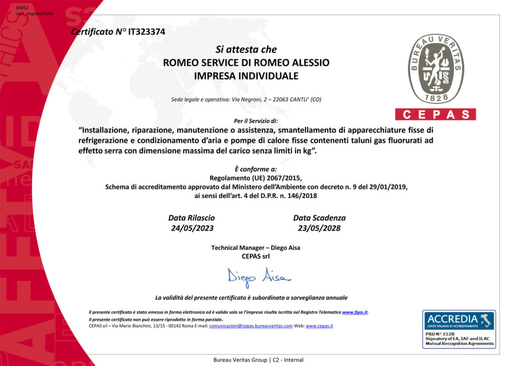 Certificato Installazione, riparazione, manutenzione o assistenza, smantellamento apparecchiature fisse di refrigerazione e condizionamento d'aria o pompe di calore ecc..